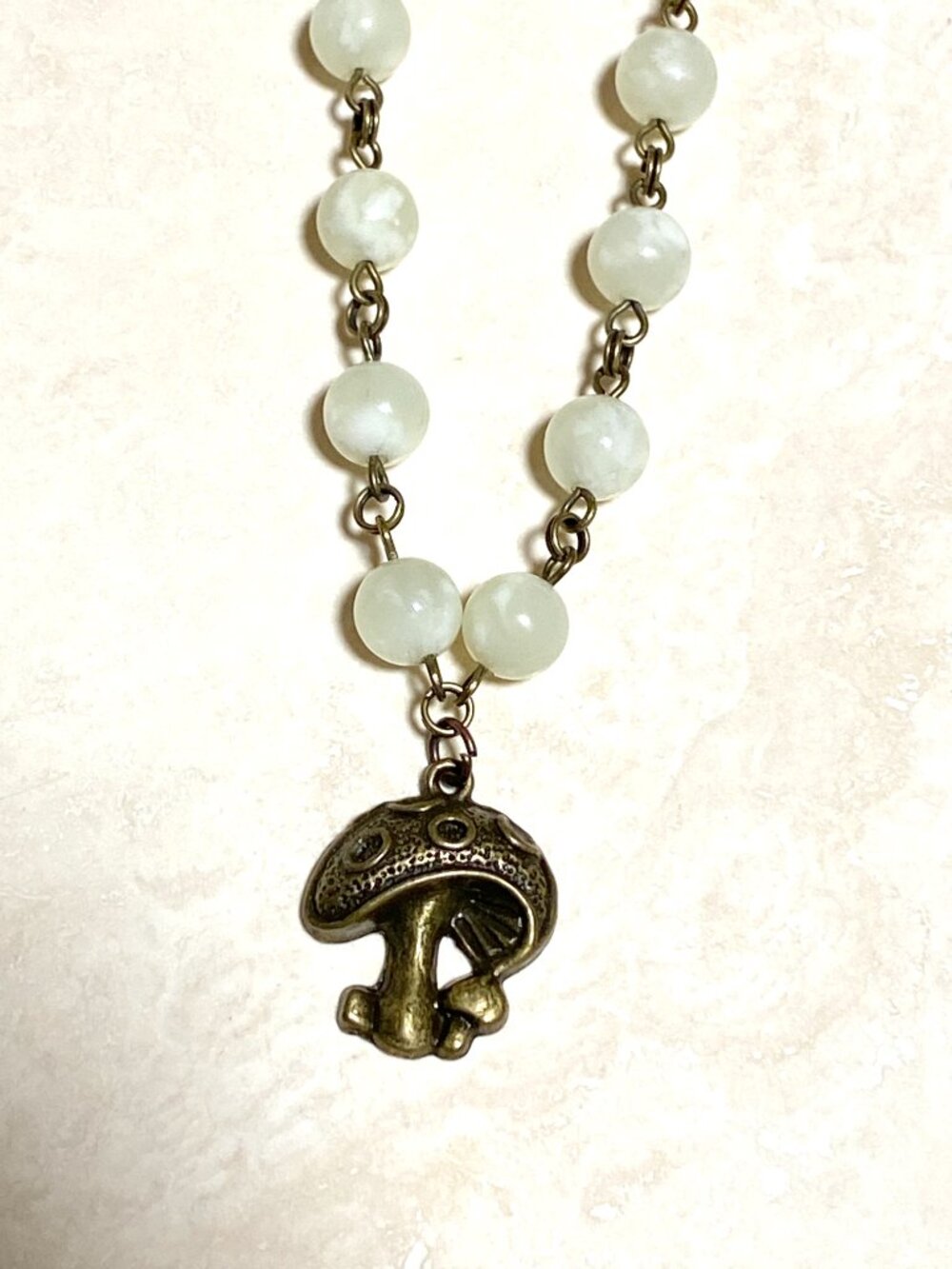 Natural Pale Green Serpentine Short Necklace, Gemstone & Bronze Round Mushroom - Picture 5 of 13